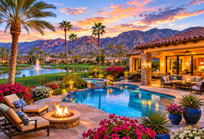 Desert resort paradise at sunset