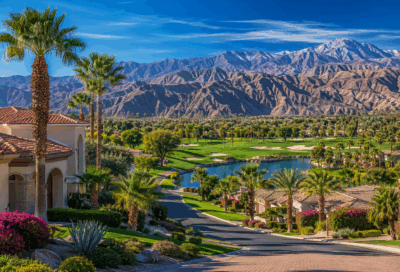 Desert resort with golf course view